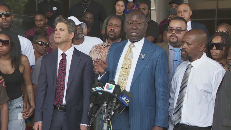 Attorney Ben Crump, shown on July 20, 2022, is representing the family of Rob Adams, who was fatally shot by San Bernardino police. (KTLA)