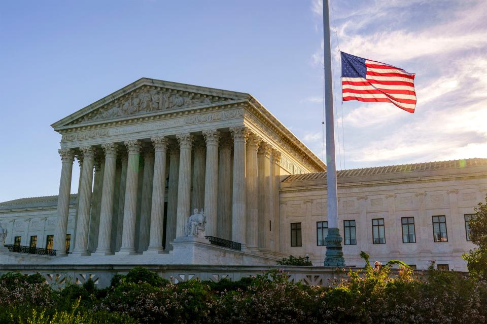 The flag flies at half-staff at the Supreme Court on the morning after the death of Justice Ruth Bader Ginsburg, 87, Saturday, Sept. 19, 2020 in Washington.