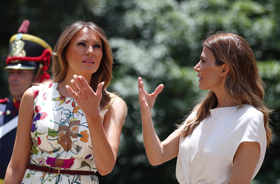 Argentina’s first lady Juliana Awada welcomes U.S. first lady Melania Trump as she arrives for a visit at the Villa Ocampo museum during the G20 leaders summit in Buenos Aires, Argentina, Nov. 30, 2018. (Photo: Pilar Olivares/Reuters)