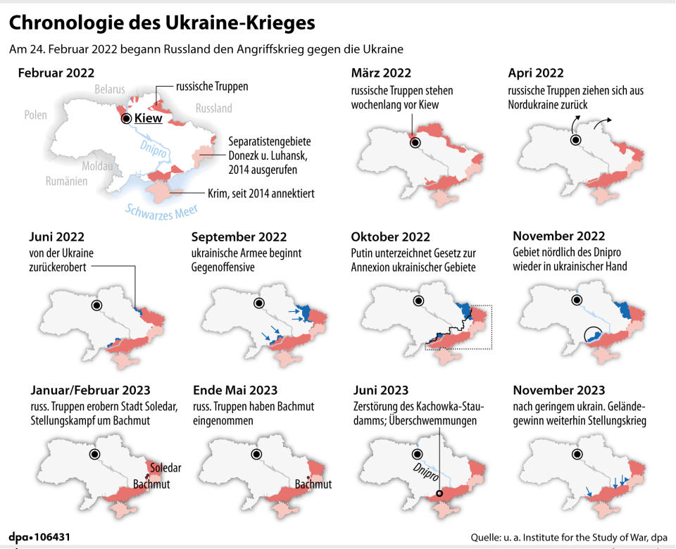 "Chronologie des Ukrainekriegs (Kartenminiaturen)"; Grafik: dpa, Redaktion: dpa