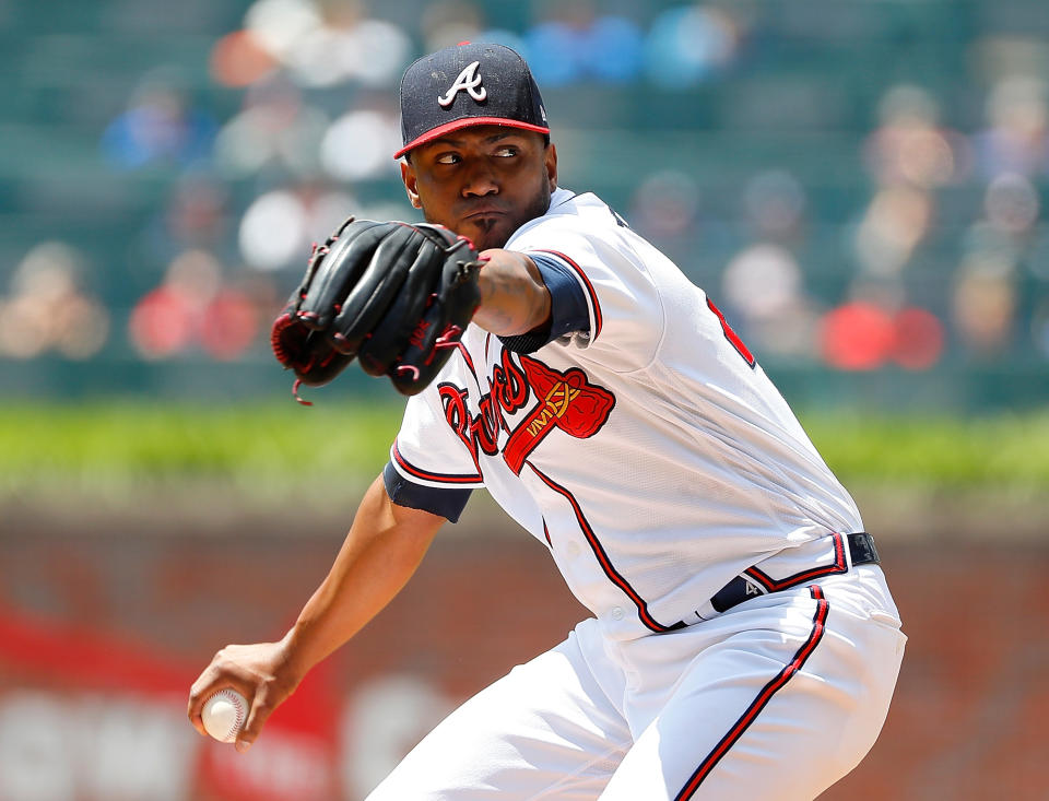 ATLANTA, GEORGIA - JUNE 13:  Julio Teheran #49 of the Atlanta Braves pitches in the first inning against the Pittsburgh Pirates at SunTrust Park on June 13, 2019 in Atlanta, Georgia. (Photo by Kevin C. Cox/Getty Images)