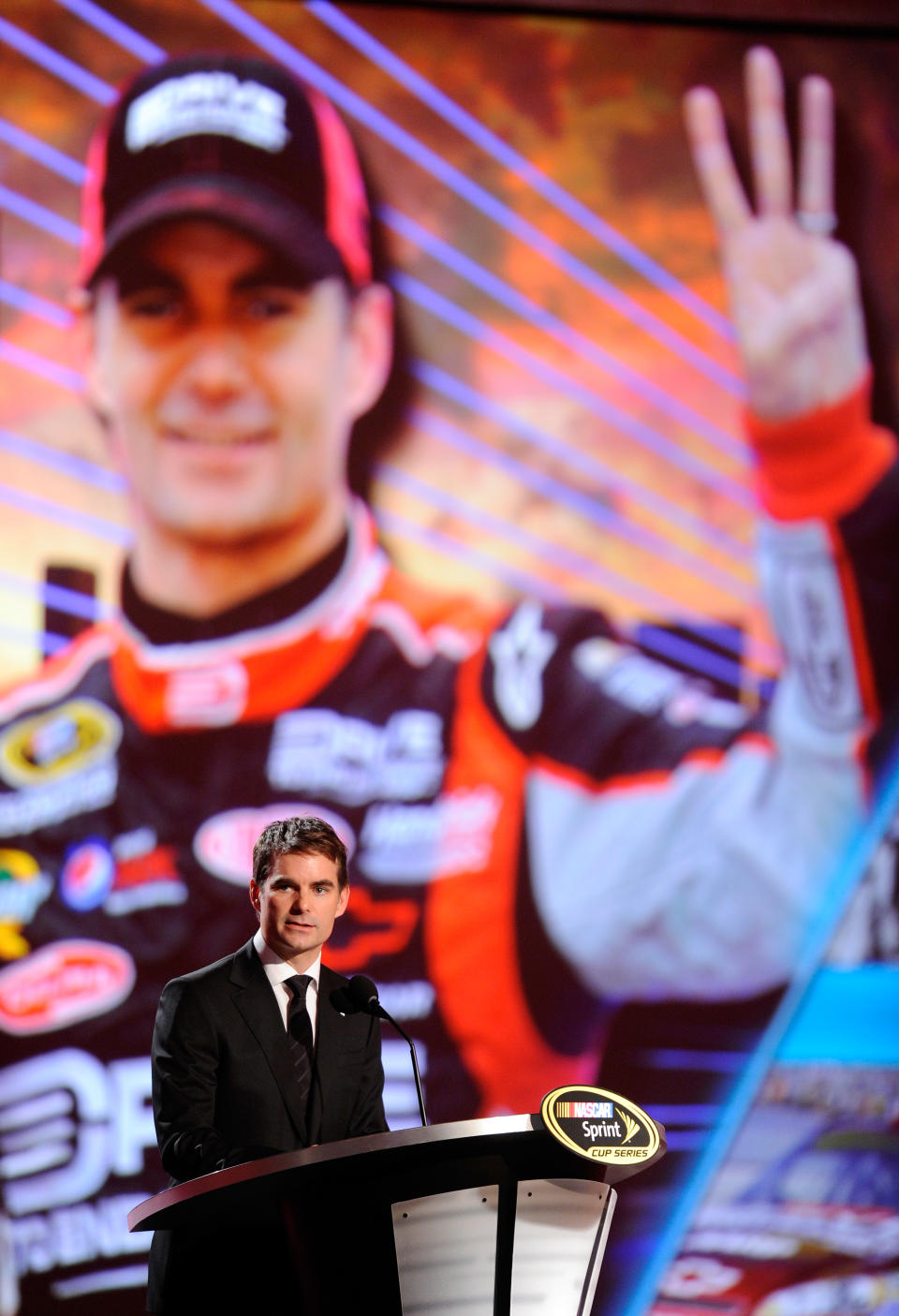 LAS VEGAS, NV - DECEMBER 02: Driver Jeff Gordon speaks during the NASCAR Sprint Cup Series Champion's Week Awards Ceremony at Wynn Las Vegas on December 2, 2011 in Las Vegas, Nevada. (Photo by Ethan Miller/Getty Images)