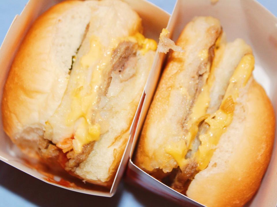 white castle double cheeseburger on blue background