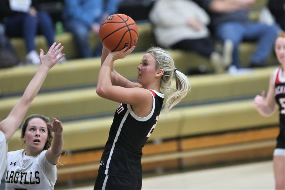 Blackford girls basketball's Olivia Leas makes a pull-up jumper in the team's game at Madison-Grant High School on Saturday, Dec. 3, 2022.