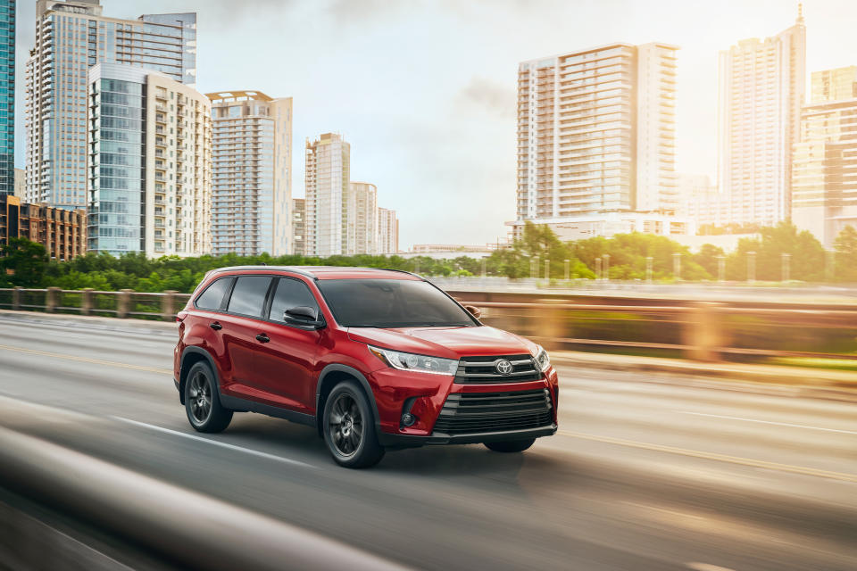 This undated photo provided by Toyota shows the 2019 Toyota Highlander, a midsize SUV that offers an average savings of about 9.5% in November. (Courtesy of Toyota Motor Sales U.S.A. via AP)