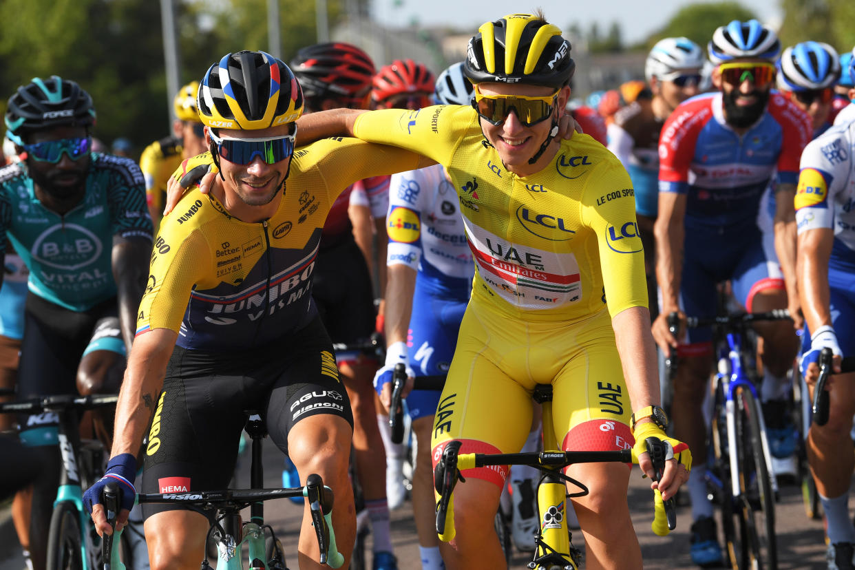 PARIS, FRANCE - SEPTEMBER 20: Primoz Roglic of Slovenia and Team Jumbo - Visma / Tadej Pogacar of Slovenia and UAE Team Emirates Yellow Leader Jersey / during the 107th Tour de France 2020, Stage 21 a 122km stage from Mantes-La-Jolie to Paris Champs-Élysées / #TDF2020 / @LeTour / on September 20, 2020 in Paris, France. (Photo by Tim de Waele/Getty Images)