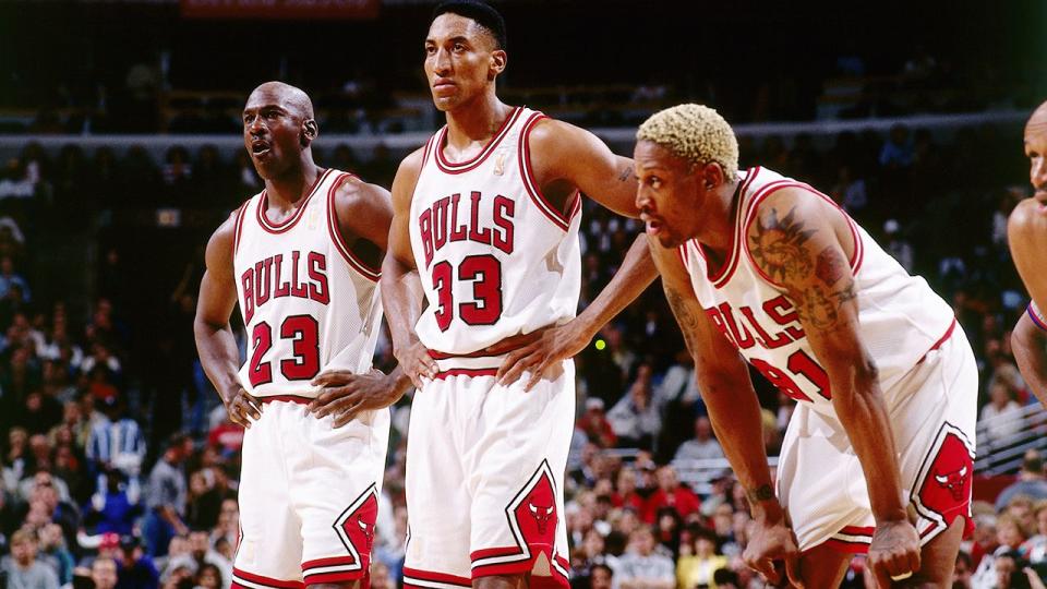 Michael Jordan, Scottie Pippen and Dennis Rodman, pictured here with the Chicago Bulls in 1997.