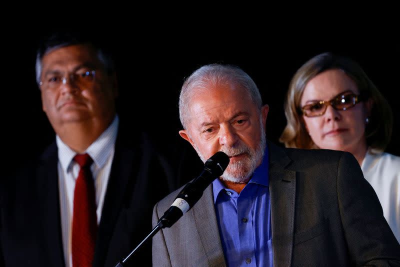 Brazilian President-elect Luiz Inacio Lula da Silva talks during a news conference at the transition government building in Brasilia