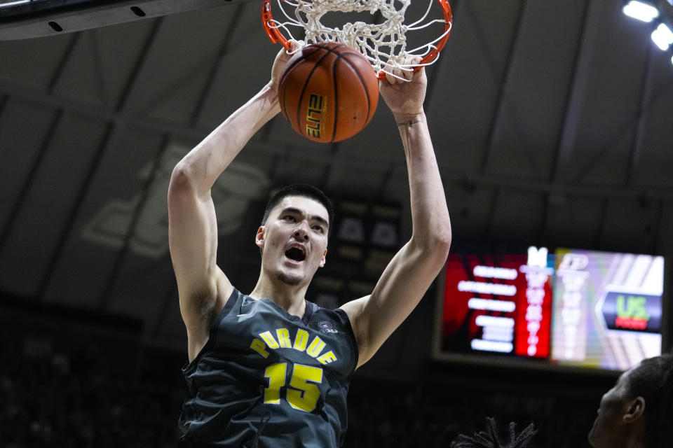 Purdue center Zach Edey (15) gets a dunk against Maryland during the second half of an NCAA college basketball game in West Lafayette, Ind., Sunday, Jan. 22, 2023. Purdue defeated Maryland 58-55. (AP Photo/Michael Conroy)