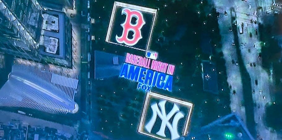 The Baseball Night in America logo, alongside the Yankee and Red Sox logo, superimposed onto an image of the 9/11 memorial pools