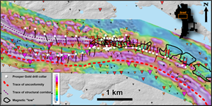 2021 diamond drill hole locations showing drone magnetometer survey and 2020/2021 pristine gold grains-in-till.