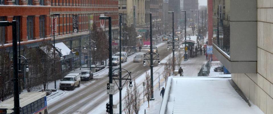 Downtown Denver, Colorado covered by snow during December.