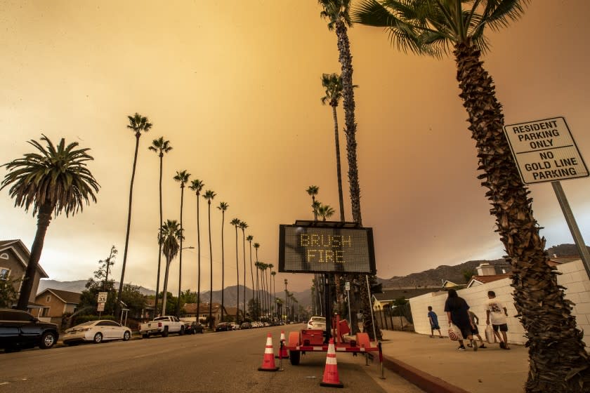 Smoke from the Bobcat fire is seen over Azusa Sept. 9, 2020. (Robert Gauthier/Los Angeles Times)
