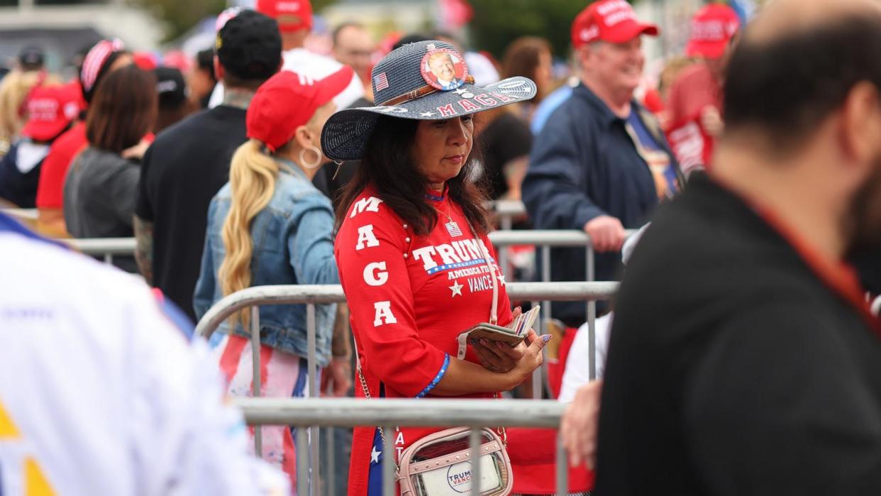 PHOTO: Supporters of Republican presidential nominee, former President Donald Trump wait for the start of his campaign rally at Nassau Veterans Memorial Coliseum, Sept. 18, 2024, in Uniondale, N.Y. (Michael M. Santiago/Getty Images)