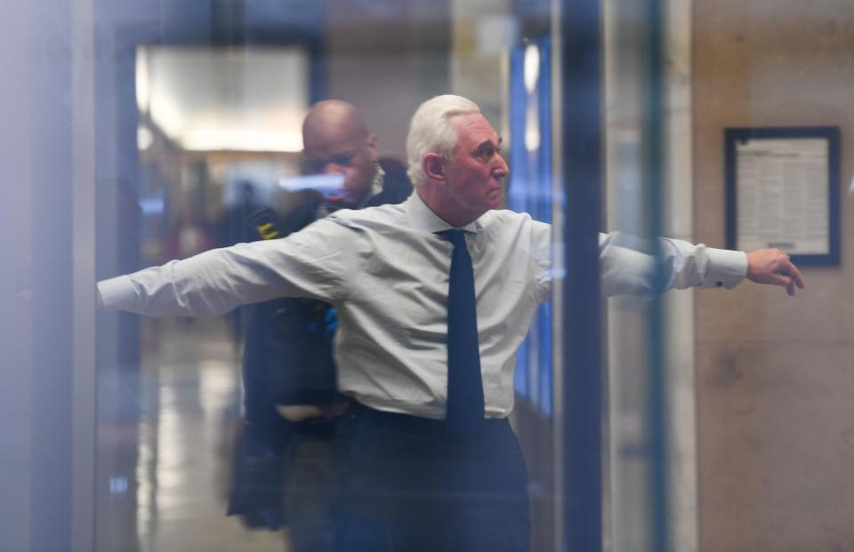 Roger Stone, a former political operative for the Trump campaign, arrives for a federal court hearing on Jan. 29, 2019 in Washington.