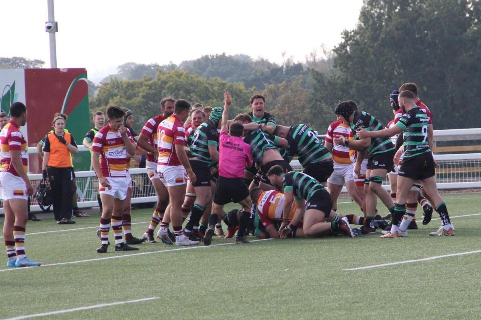 Lymm start the celebrations after Rob Makin touches down from a driving maul against Fylde <i>(Image: John Cartwright)</i>