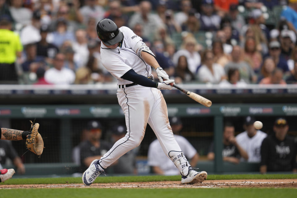 Detroit Tigers' Spencer Torkelson hits a two-run double against the Chicago White Sox in the third inning of a baseball game, Sunday, Sept. 10, 2023, in Detroit. (AP Photo/Paul Sancya)