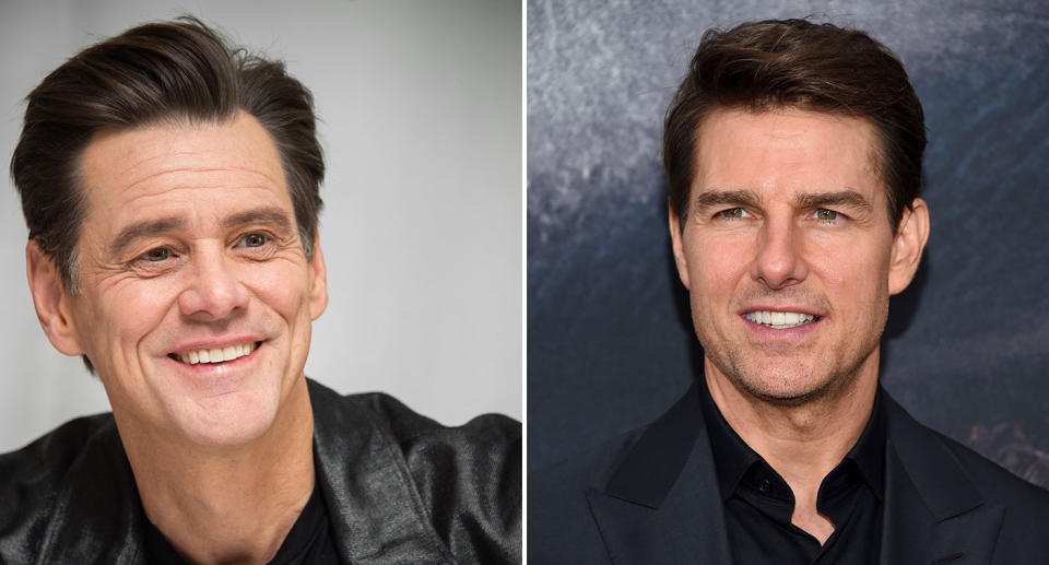 Composite image of Jim Carrey (L), 2020 and Tom Cruise (R), 2017. (Vera Anderson/WireImage-Evan Agostini/Invision/AP) 