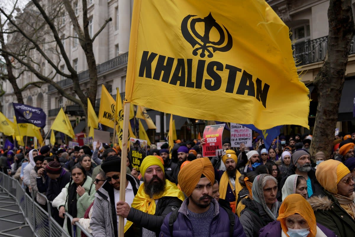 Protestors of the Khalistan movement demonstrate outside of the Indian High Commission in London (AP)