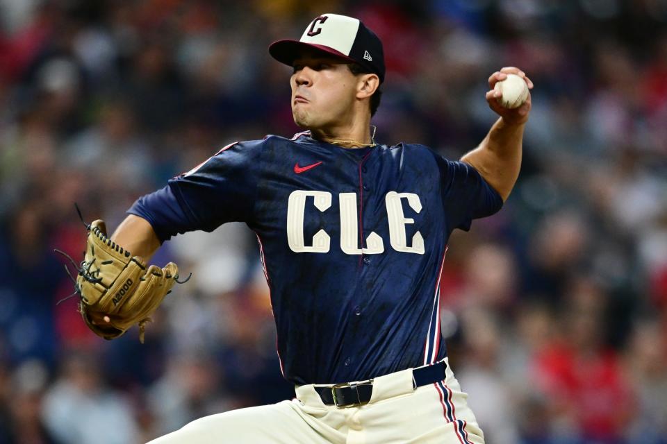 Sep 27, 2024; Cleveland, Ohio, USA; Cleveland Guardians starting pitcher Joey Cantillo (54) throws a pitch during the first inning against the Houston Astros at Progressive Field. Mandatory Credit: Ken Blaze-Imagn Images