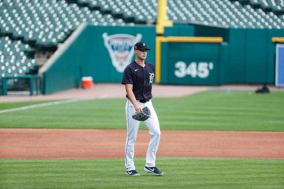 Detroit Tigers pitcher Matt Manning walks to the mound for practice during summer camp at Comerica Park in Detroit, Tuesday, July 7, 2020.