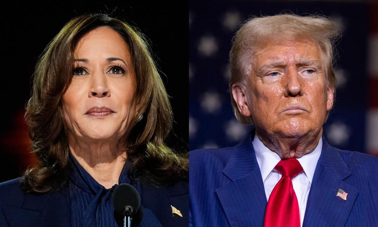 <span>Kamala Harris at the Democratic national convention in Chicago on 22 August 2024; Donald Trump in Potterville, Michigan, on 29 August 2024.</span><span>Composite: AP, Getty Images</span>