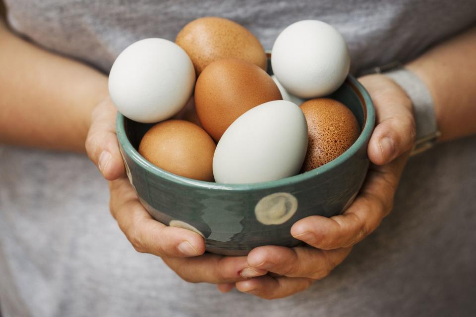 <p><a href="https://www.prevention.com/food-nutrition/healthy-eating/a20508054/are-eggs-healthy/" rel="nofollow noopener" target="_blank" data-ylk="slk:Eggs are healthy;elm:context_link;itc:0;sec:content-canvas" class="link ">Eggs are healthy</a>, despite the warnings you used to hear about them being high in dietary cholesterol. Eggs are good for your eyes, brain, and waistline, and since they're packed with protein, they'll keep you full between meals. </p>