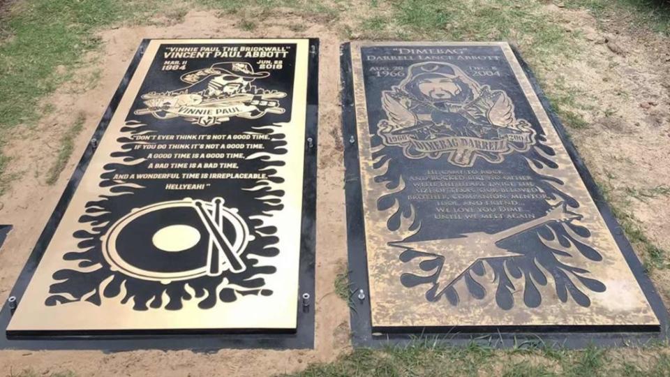 <p>Pantera drummer, Vinnie Paul, will be rocking out in heaven next to his brother and now his tombstone is just as loud as his music. Pantera revealed the grave marker for Paul, which was laid at Moore Memorial Gardens this week in Arlington, TX. Along with a detailed depiction of the rocker wearing his trademark […]</p> <p>The post <a rel="nofollow noopener" href="https://theblast.com/pantera-vinnie-paul-gravemarker-brother-dimebag-darrell/" target="_blank" data-ylk="slk:Pantera’s Vinnie Paul Gets Ornate Grave Marker Next to Brother, Dimebag Darrell;elm:context_link;itc:0;sec:content-canvas" class="link ">Pantera’s Vinnie Paul Gets Ornate Grave Marker Next to Brother, Dimebag Darrell</a> appeared first on <a rel="nofollow noopener" href="https://theblast.com" target="_blank" data-ylk="slk:The Blast;elm:context_link;itc:0;sec:content-canvas" class="link ">The Blast</a>.</p>