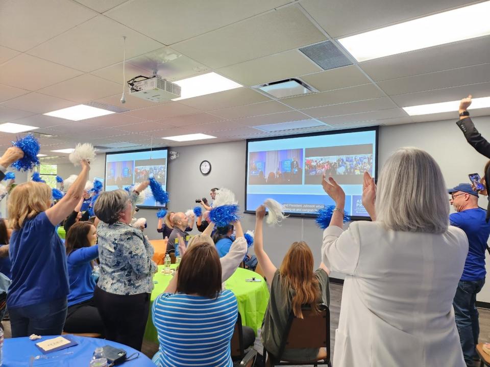 Members of Amarillo College (AC) and the community celebrate the college's being named one of two winners of the 2023 Aspen Prize as the ceremony in Washington, D.C., is live streamed Thursday on the AC campus.
