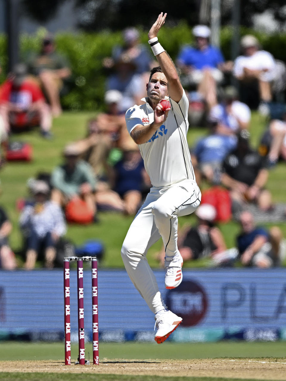 New Zealand's Tim Southee bowls to England on the third day of their cricket test match in Tauranga, New Zealand, Saturday, Feb. 18, 2023. (Andrew Cornaga/Photosport via AP)