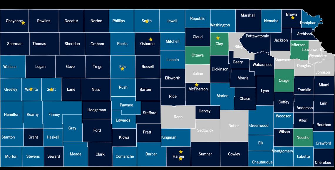 This screenshot shows an interactive map offered by the state of Kansas’ Rural Opportunity Zones (ROZ) program. The grey counties are not participants, and the stars indicate city or foundation sponsors.