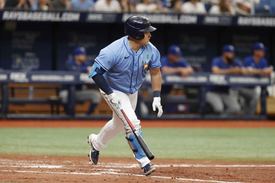 Tampa Bay Rays' Ji-Man Choi runs down the first baseline after hitting an RBI single during the sixth inning against the Toronto Blue Jays during a baseball game Sunday, May 15, 2022, in St. Petersburg, Fla. (AP Photo/Scott Audette)