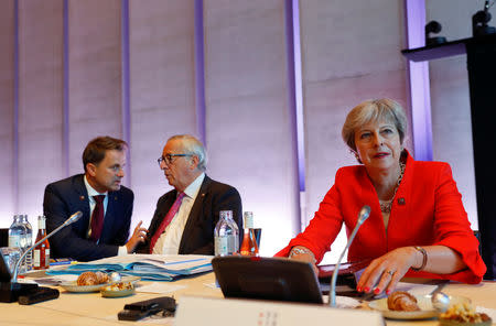 Britain's Prime Minister Theresa May, European Commission President Jean-Claude Juncker and Luxembourg's Prime Minister Xavier Bettel attend the European Union leaders informal summit in Salzburg, Austria, September 20, 2018. REUTERS/Leonhard Foeger