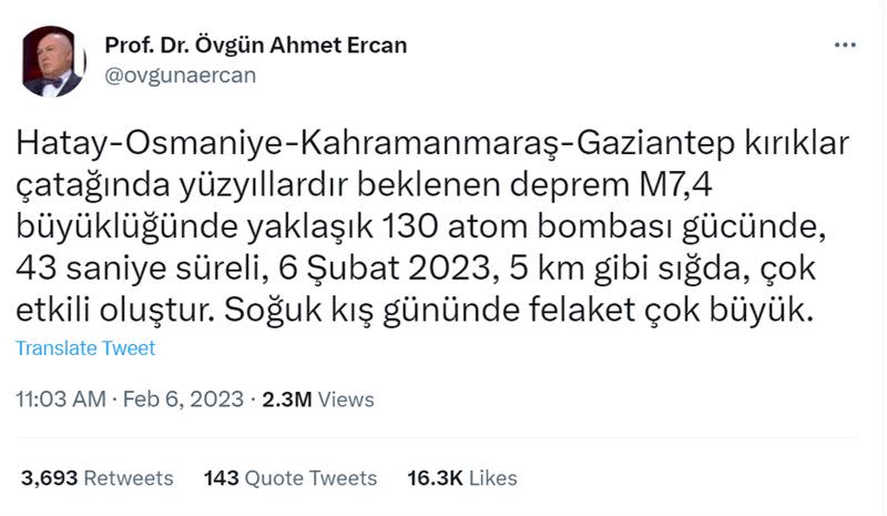 土耳其強震後專家在推特發文表示，此次強震的威力相當於130顆原子彈持續爆炸43秒。（圖／翻攝自Prof. Dr. Övgün Ahmet Ercan推特）