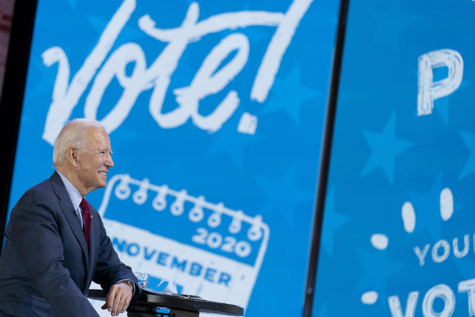 Democratic presidential candidate former Vice President Joe Biden appears on a "Zoom with Oprah Winfrey" virtual show at The Queen theater in Wilmington, Del., Wednesday, Oct. 28, 2020. (AP Photo/Andrew Harnik)