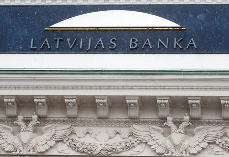 A logo of the Latvian central bank is seen on their headquarters in Riga, Latvia February 18, 2018. REUTERS/Ints Kalnins