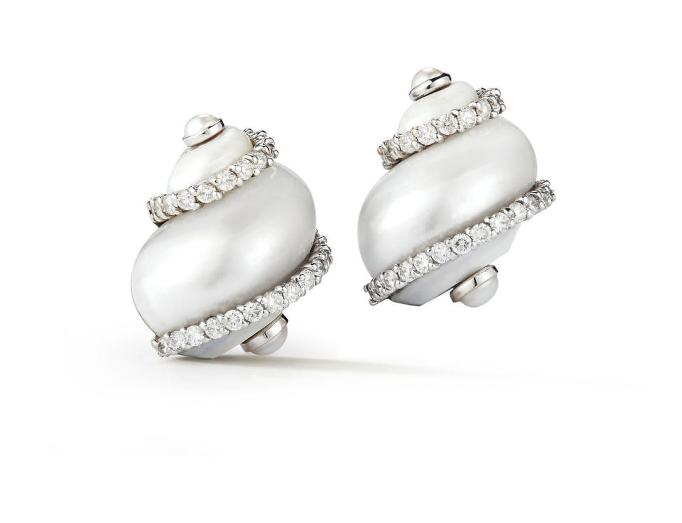 Seaman Schepps Pearl and Diamond Turbo Shell Earrings - Credit: Seaman Schepps