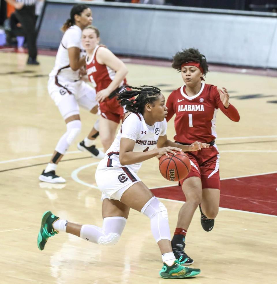 South Carolina Gamecocks guard Zia Cooke (1) drives the ball downcourt as Alabama guard Megan Abrams (1) pressures during the second half of action in the Colonial Life Arena.