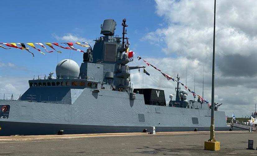 The Russian frigate Admiral Gorshkov is seen ahead of joint naval drills between Russia, South Africa and China, in Richards Bay, South Africa, with the letter 