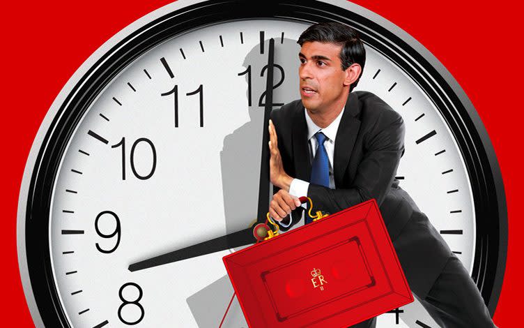 Rishi Sunak pushes back against the minute hand of a clock while holding the red Budget briefcase - The Daily Telegraph