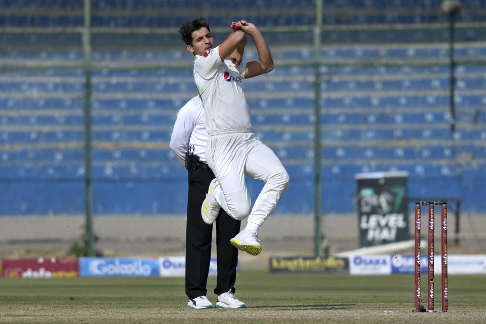 Pakistan's Mir Hamza bowls during the second day of first test cricket match between Pakistan and New Zealand, in Karachi, Pakistan, Tuesday, Dec. 27, 2022. (AP Photo/Fareed Khan)