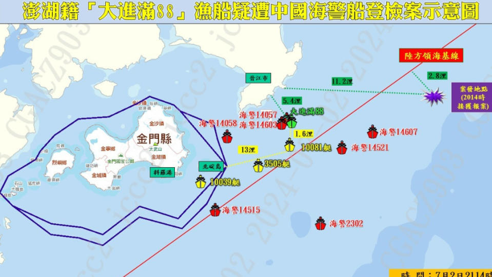 澎湖籍「大進滿88」漁船疑遭中國海警船登檢案示意圖。海巡署提供