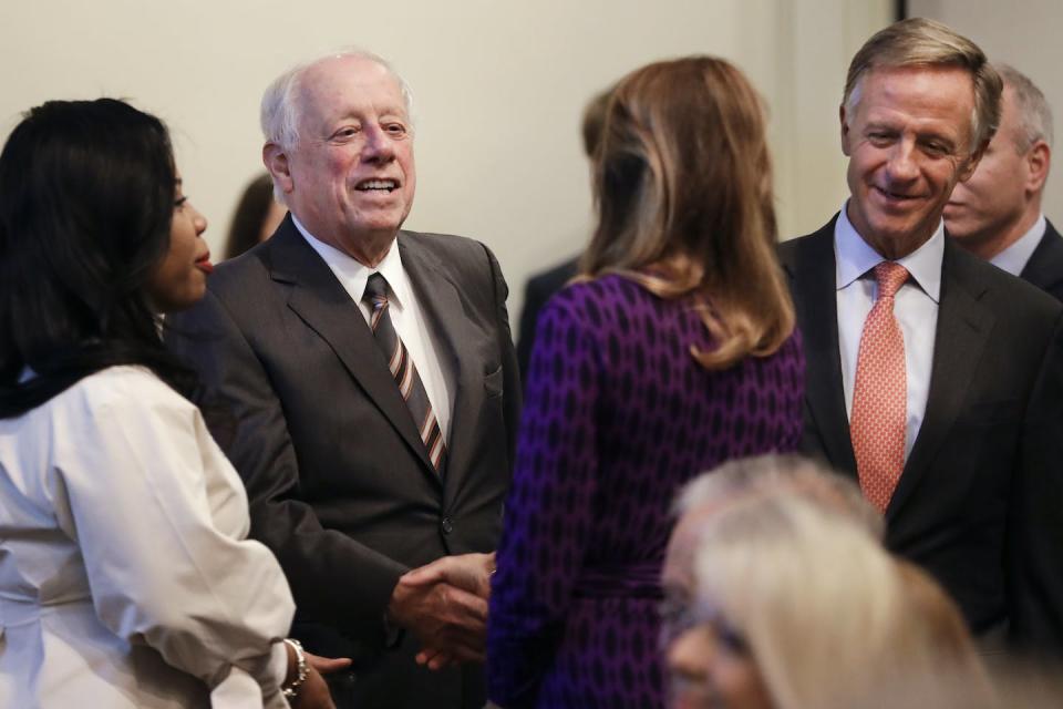 Former Democratic Gov. Phil Bredesen, second from left, and former Republican Gov. Bill Haslam, right, have built a good relationship since leaving office despite their political differences. <a href="https://newsroom.ap.org/detail/FormerGovernorsTennessee/5a99d137162a498caec7ee02a95cfe95/photo?Query=Phil%20Bredesen%20and%20Bill%20Haslam&mediaType=photo&sortBy=arrivaldatetime:desc&dateRange=Anytime&totalCount=15&currentItemNo=0" rel="nofollow noopener" target="_blank" data-ylk="slk:AP Photo/Mark Humphrey;elm:context_link;itc:0;sec:content-canvas" class="link ">AP Photo/Mark Humphrey</a>