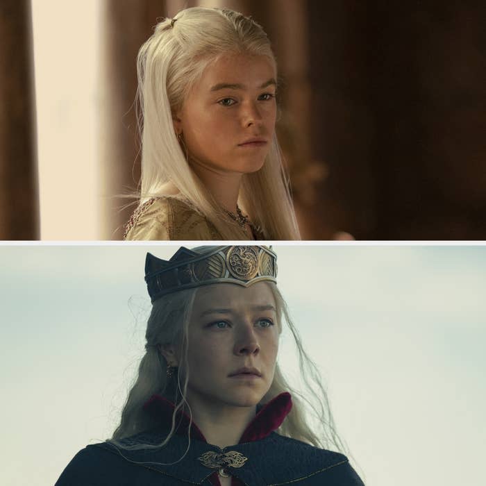 Emma D'Arcy as Rhaenyra Targaryen in "House of the Dragon." Top: Close-up of young Rhaenyra. Bottom: Close-up of Rhaenyra in a cloak and crown