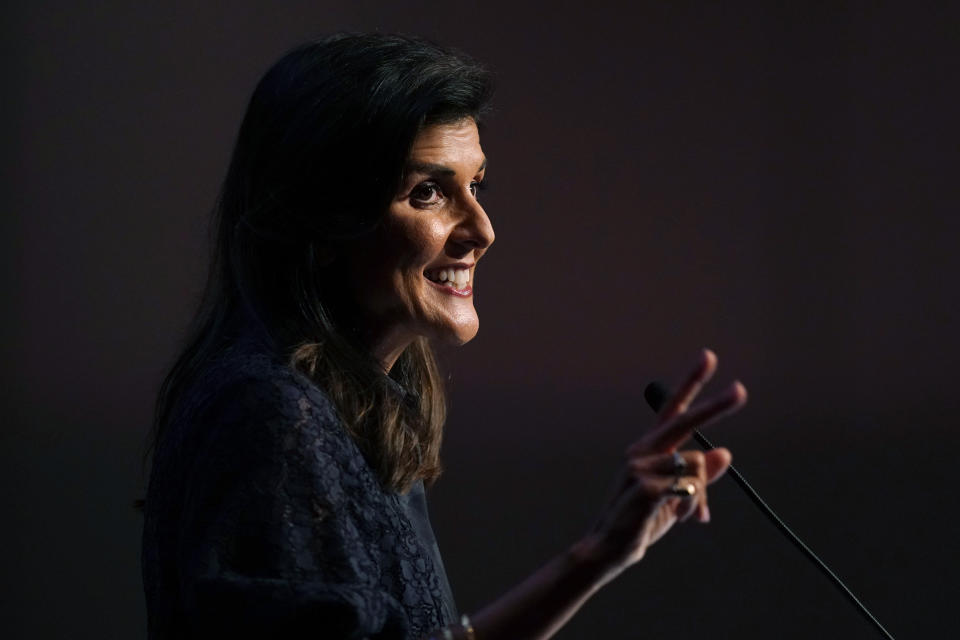 FILE- Former Ambassador to the United Nations Nikki Haley speaks during the Iowa Republican Party's Lincoln Dinner, Thursday, June 24, 2021, in West Des Moines, Iowa. The Republican State Leadership Committee, a group intent on expanding Republican power across state-level offices, is rolling out a national effort Thursday, Oct. 7 to diversify and broaden the GOP, with an advisory council headed up by a number of possible future presidential hopefuls including Haley. (AP Photo/Charlie Neibergall, File)