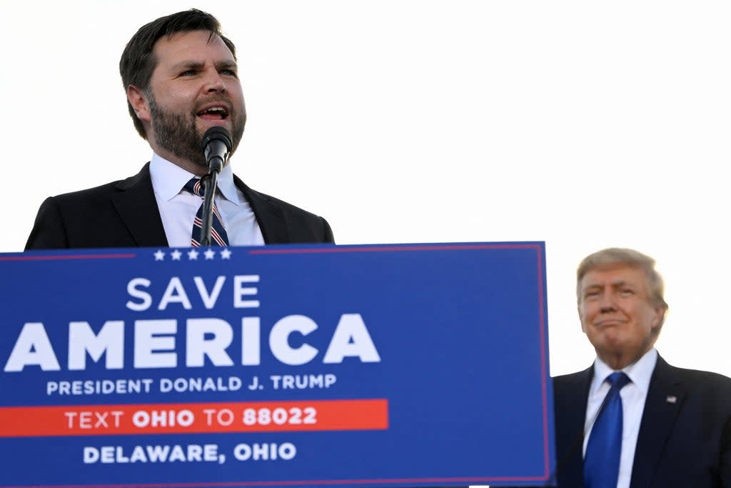 U.S. Senate Republican candidate J.D. Vance, who was endorsed by former U.S. President Donald Trump for the upcoming primary elections, speaks on stage during an event hosted by Trump, at the county fairgrounds in Delaware, Ohio, U.S., April 23, 2022. REUTERS/Gaelen Morse (REUTERS)