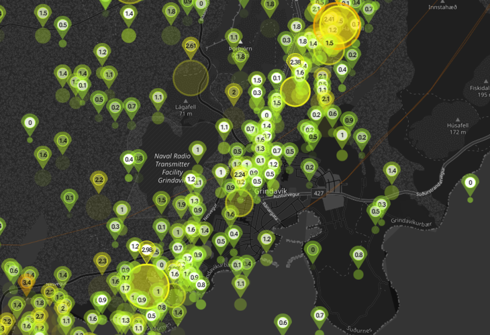 The highest concentration of quakes surround the city of Grindavík where residents have been issued with an evacuation order (Vafri.is)