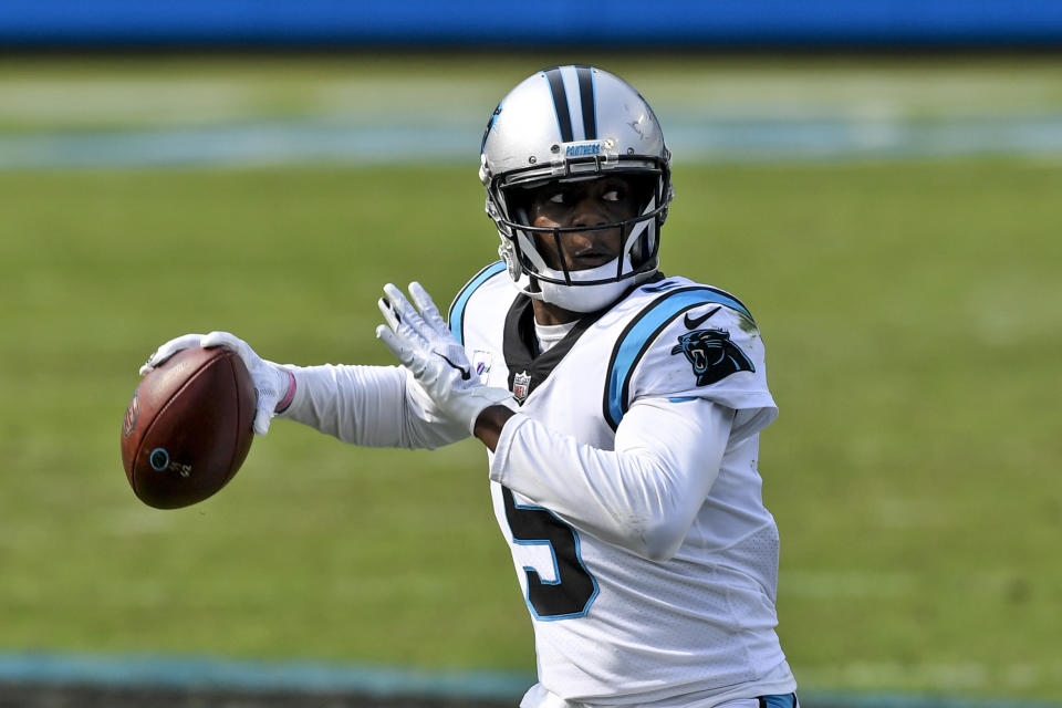 Carolina Panthers quarterback Teddy Bridgewater passes against the Arizona Cardinals during the second half of an NFL football game Sunday, Oct. 4, 2020, in Charlotte, N.C. (AP Photo/Mike McCarn)