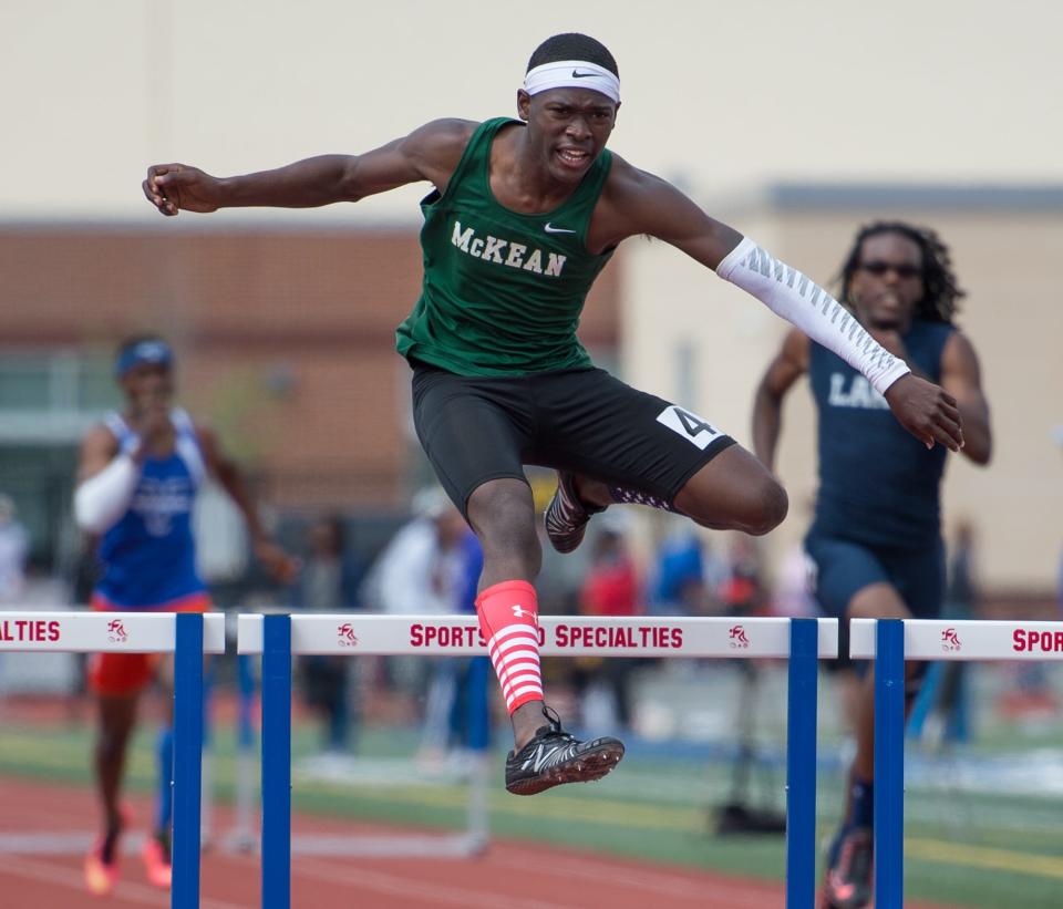 McKean's Ryan Thompson wins the division II boys 300 meter hurdles at the 2017 DIAA State Track & Field Championships at Dover High School.
