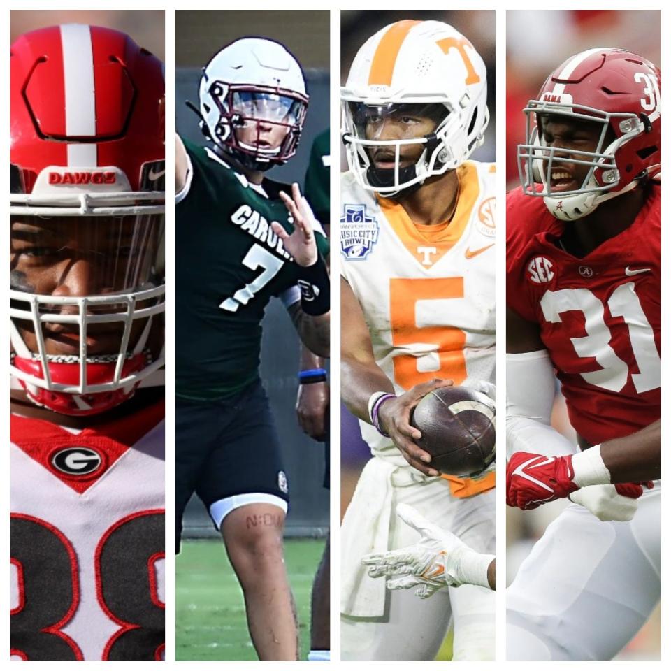 From left to right: Georgia's Jalen Carter, South Carolina's Spencer Rattler, Tennessee's Hendon Hooker and Alabama's Will Anderson Jr.